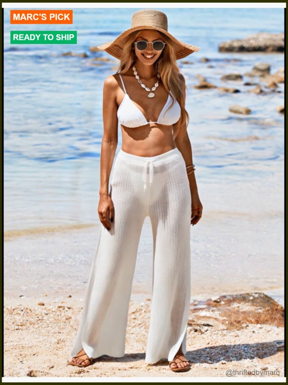 Crochet Knit Elastic Waist Beach Coverup Pants Side Slit Sheer - Picture 7 of 7